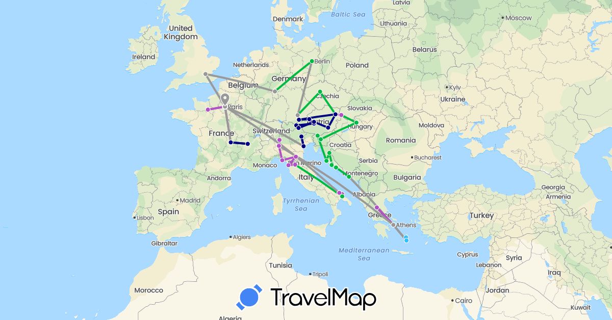 TravelMap itinerary: driving, bus, plane, train, boat in Austria, Czech Republic, Germany, France, United Kingdom, Greece, Croatia, Hungary, Italy, Slovenia, Slovakia (Europe)
